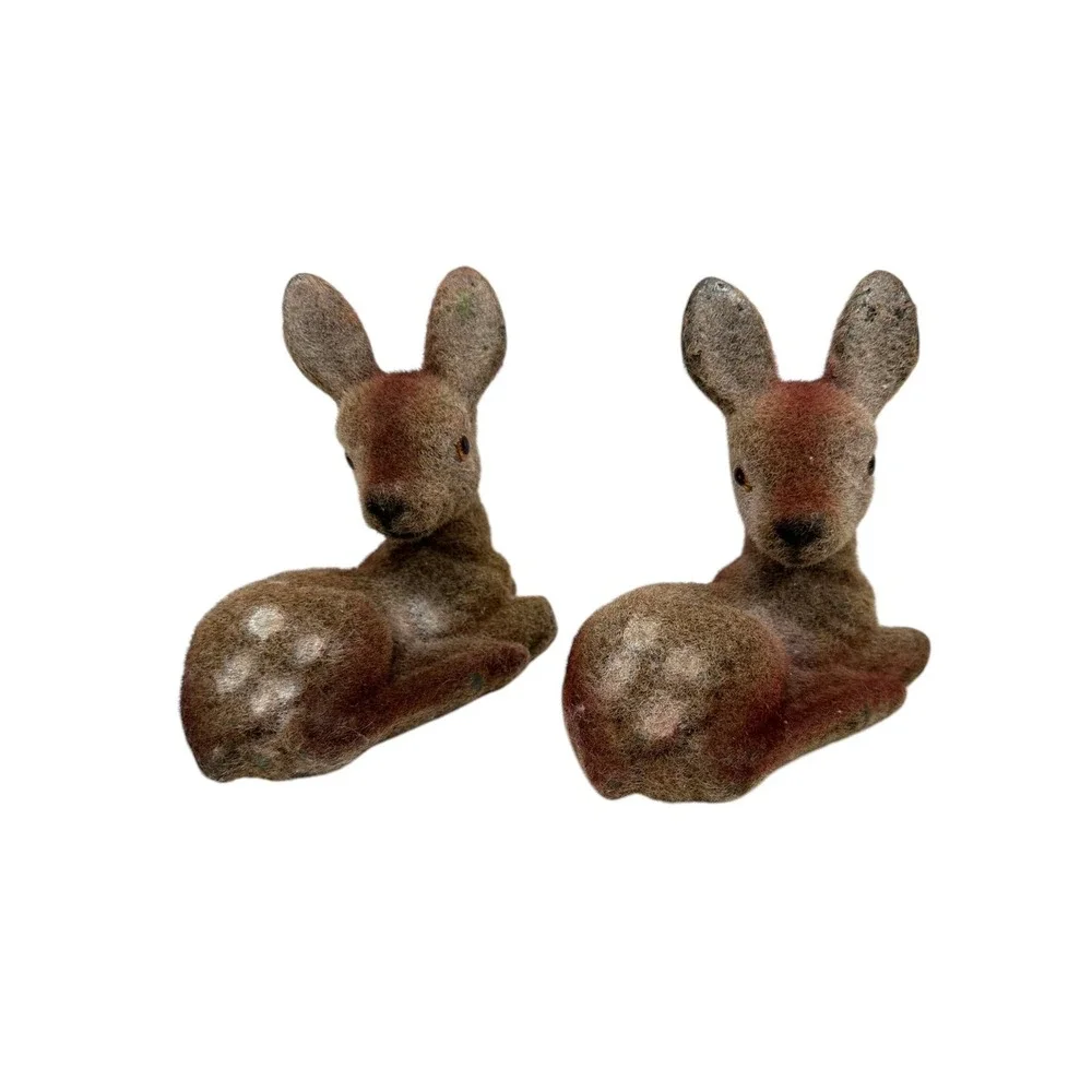 Lot 2 Vintage Deer Fawn Velvet‎ Flocked Figurines Figures Hong Kong